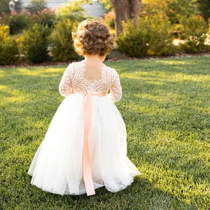 Full Length White Tulle White Lace Top Scalloped Edges Back Party Flower Girl Dress, White Flower Girl Dress, Lace Flower Girl Dress