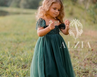 Vestido de niña de flores verde esmeralda, vestido de niña de flores de primavera, boda boho, vestido de tul para niñas pequeñas