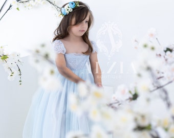 Vestido de niña de flores de encaje azul huevo de pato, vestido de niña de flores de tul azul claro pastel, vestido de encaje boho, vestidos de cumpleaños, vestido de niño pequeño