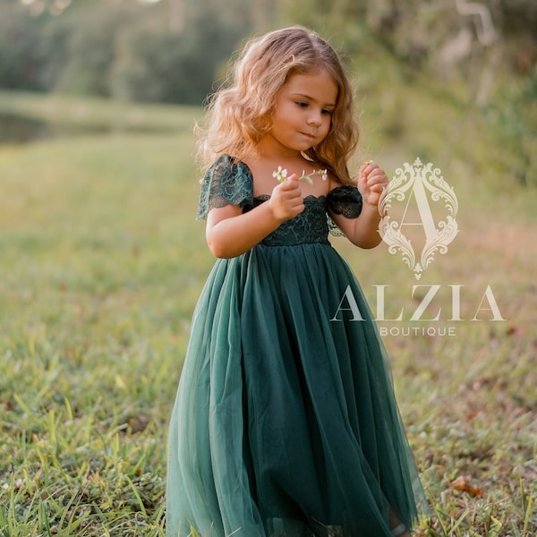 Emerald Green Flower Girl Dress, Spring Flower Girl Dress, Boho Wedding, Tulle Dress for Little Girls