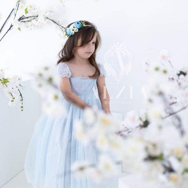 Duck Egg Blue Lace Flower Girl Dress, Pastel Light Blue Tulle Flower Girl Dress, Bohemian Lace Dress,  Birthday Dresses, Toddler Dress