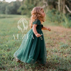 Emerald Green Flower Girl Dress, Spring Flower Girl Dress, Boho Wedding, Tulle Dress for Little Girls