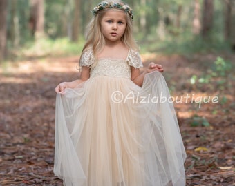 Lace Flower Girl Dress, Rustic Champagne Tulle Flower Girl Dress, Bohemian Lace Dress,  Birthday Dresses, Toddler Dress
