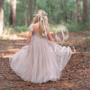 Flower Girl Dress, Taupe Blushing Rose Tulle Flower Girl Dress, Boho Flower Girl Dress