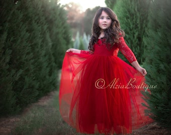 Red Girls Christmas Dress, Toddler Girls Christmas Dress, Twirl dress, Holiday party dress, Christmas photo dress,  Red Lace Christmas Dress