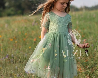 Floral Embroidered Tulle Flower Girl Dress, Easter Girls Dress, Spring Flower Girl Dress, Summer Floral Dress for Girls