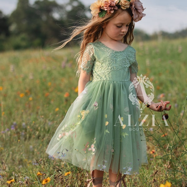 Floral Embroidered Tulle Flower Girl Dress, Easter Girls Dress, Spring Flower Girl Dress, Summer Floral Dress for Girls