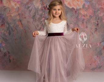 Mauve, Dusty Mauve, Purple Mauve Tulle Lace Top Scalloped Edges Back Party Flower Girl Dress