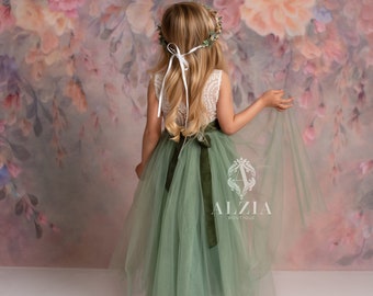 Full Length Sage Green Tulle Sleeveless Lace Top Scalloped Edges Back Party Flower Girl Dress