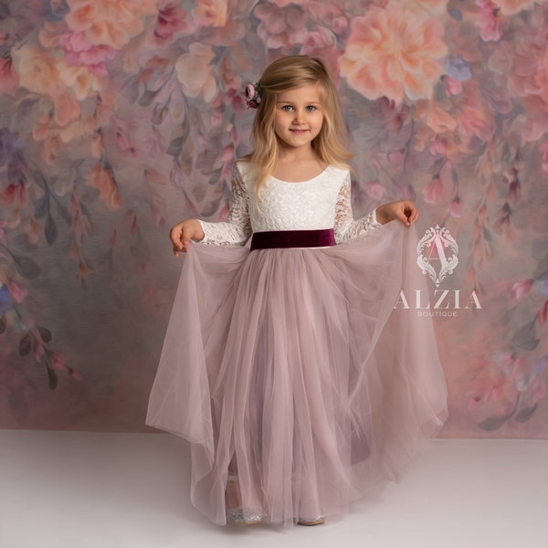 Mauve, Dusty Mauve, Purple Mauve Tulle Lace Top Scalloped Edges Back Party Flower Girl Dress