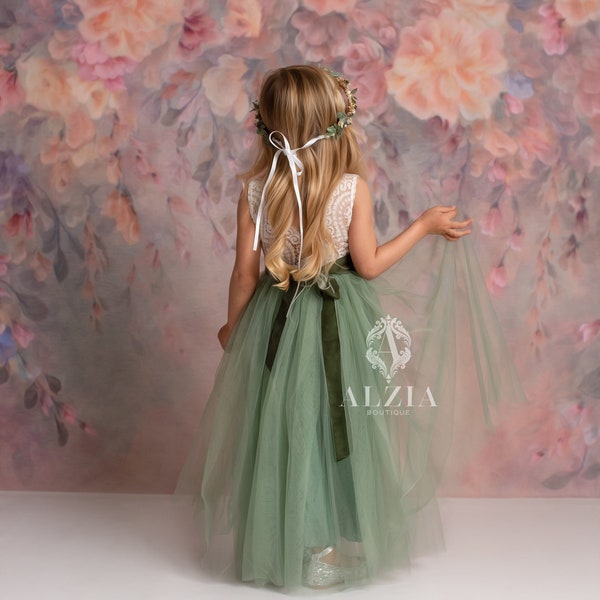 Full Length Sage Green Tulle Sleeveless Lace Top Scalloped Edges Back Party Flower Girl Dress