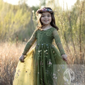 Olive Green Floral Embroidered Tulle Flower Girl Dress, Autumn Girls Dress, Winter Flower Girl Dress, Fall Floral Dress for Girls