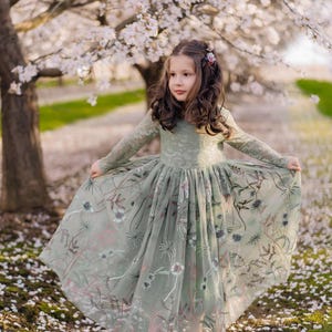 Pu&ograve; includere: Un abito a maniche lunghe color verde salvia con corpetto in pizzo e gonna in tulle fluida decorata con intricati ricami floreali nei toni del rosa, bianco e verde scuro. L'abito presenta uno scollo rotondo e una silhouette ampia.