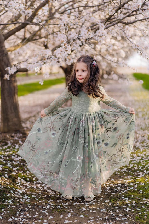 Sage Green Flower Girl Dress Long Sleeve