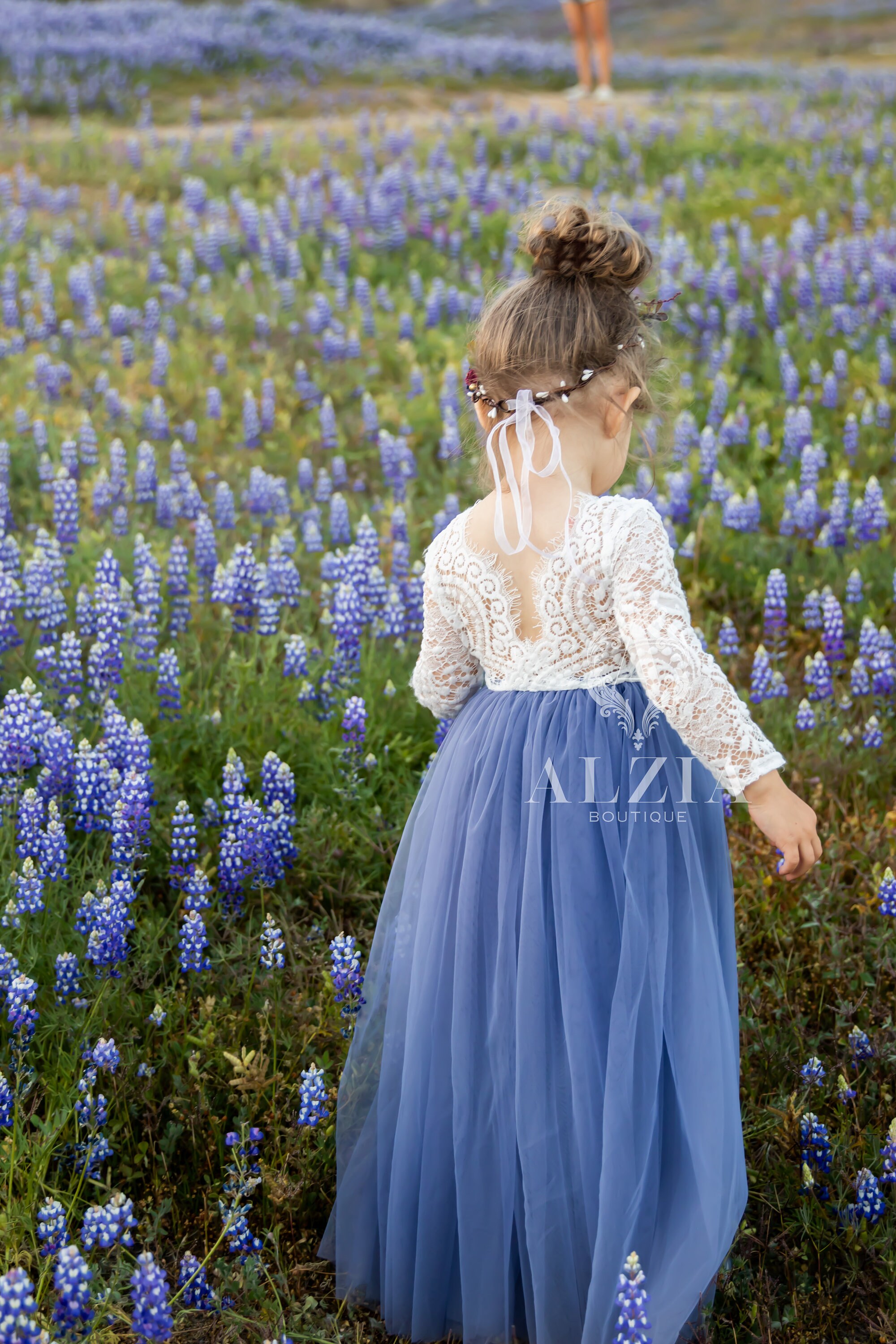 Steel Blue Tulle Lace Flower Girl Dress Scalloped Edges Back