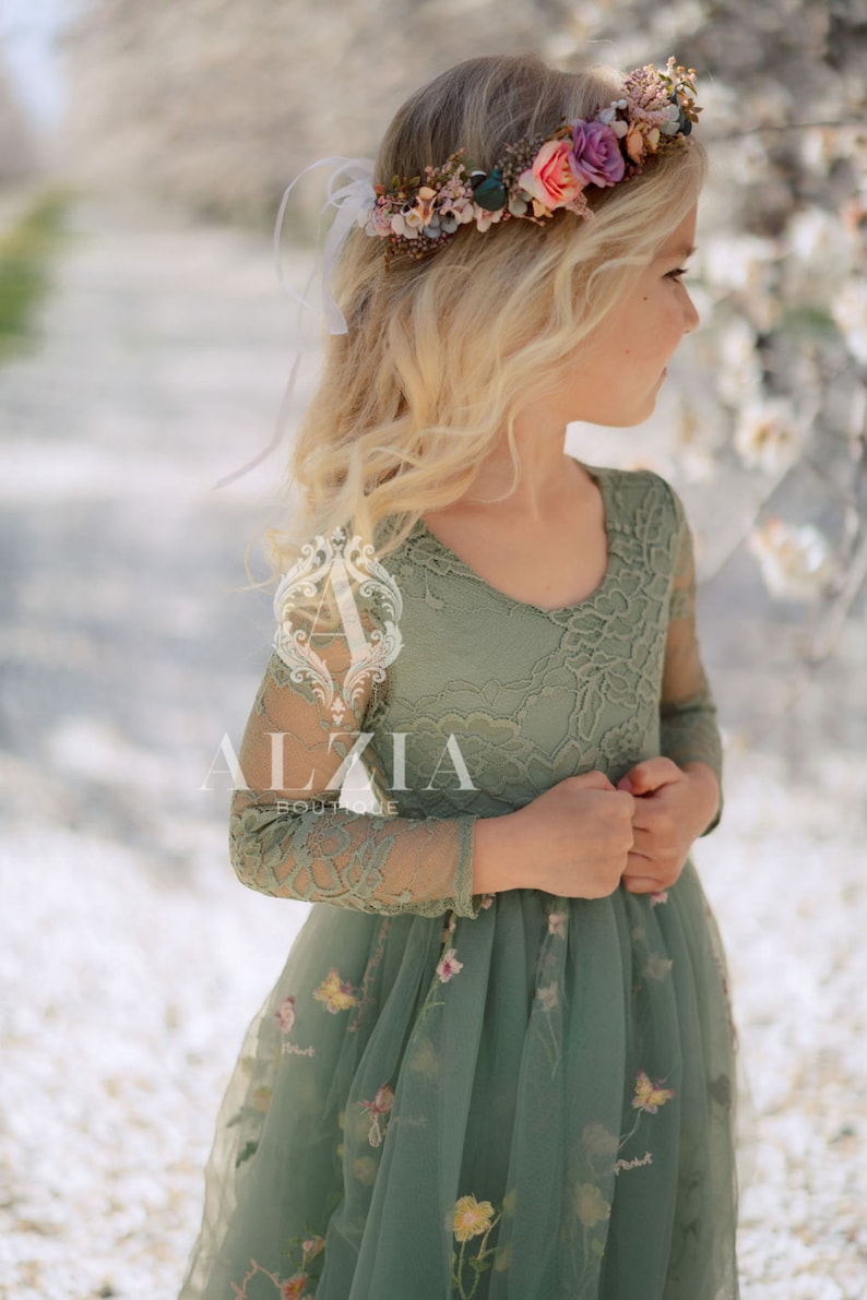 Robe de demoiselle d'honneur en tulle brodé à fleurs vert sauge, Robe de Pâques pour fillette, Robe de bouquetière de printemps, Robe d'été à fleurs pour fille Manche longue