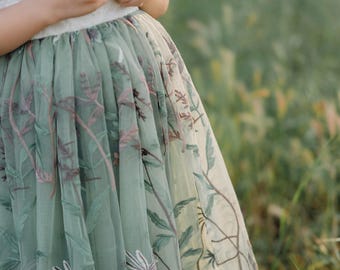 Sage Green Flower Girl Dress Sleeveless | Boho Embroidered Tulle