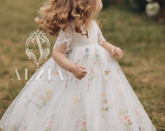 White Floral Embroidered Tulle Flower Girl Dress, White Lace Girls Dress, Bohemian Flower Girl