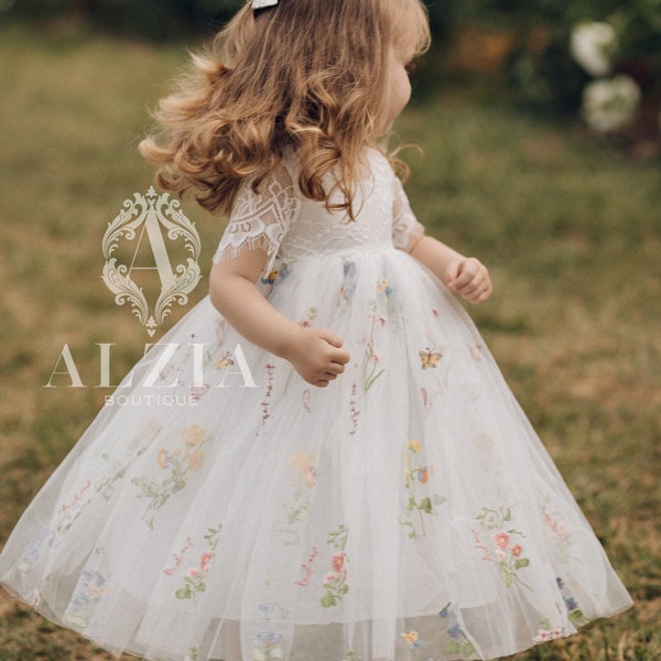 Robe de demoiselle d'honneur en tulle brodé floral blanc, robe de fille d'honneur en dentelle blanche, fille d'honneur Boho