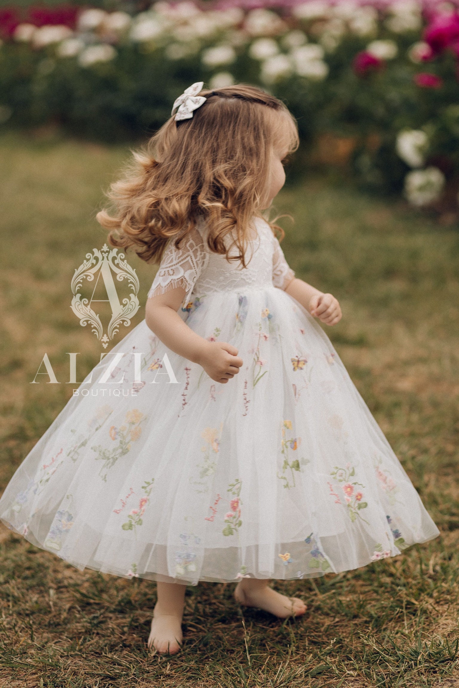 White Floral Embroidered Tulle Flower Girl Dress, White Lace Girls