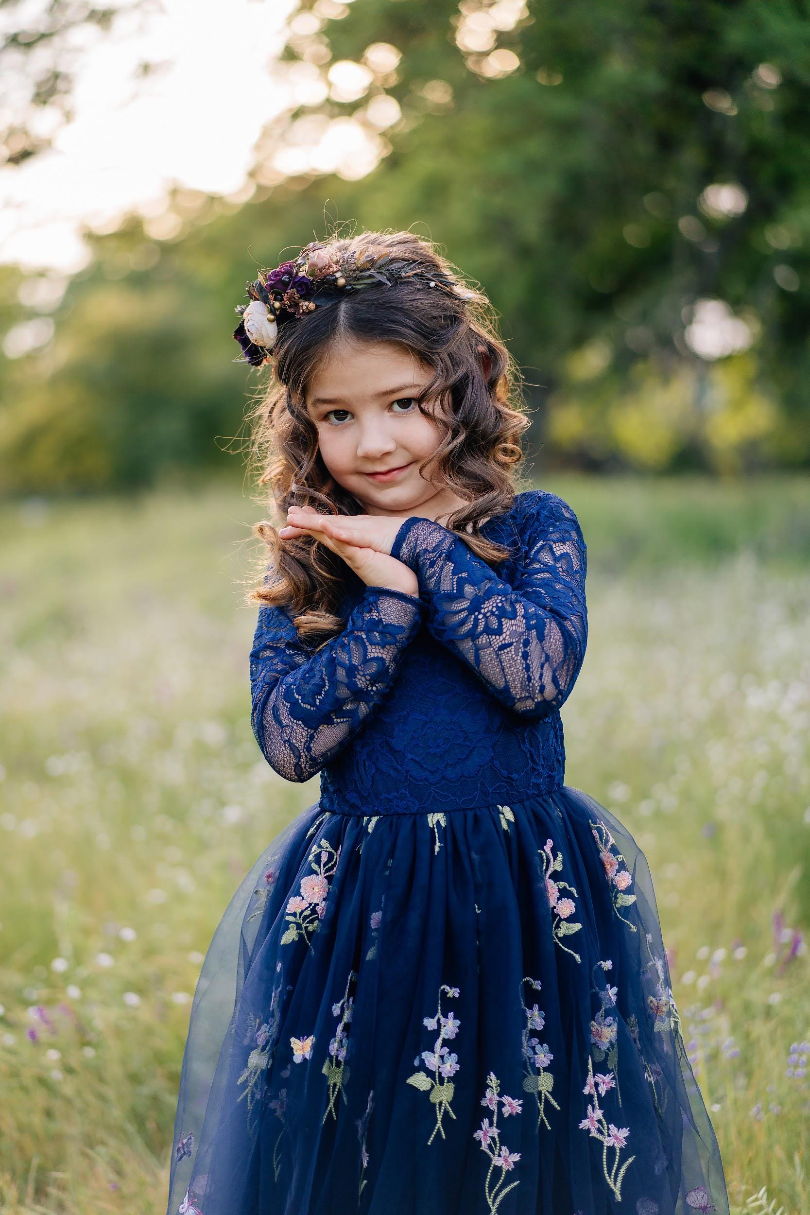 Navy Flower Girl Dress | Wildflower Embroidered Tulle | Boho - Etsy