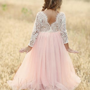 Pink Tulle Lace Top Scalloped Edges Back Party Flower Girl Dress