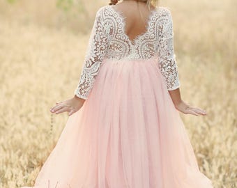 Pink Tulle Lace Top Scalloped Edges Back Party Flower Girl Dress