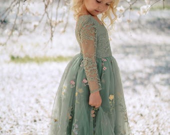 Flower Girl Dress Long Sleeve | Wildflower Embroidered Tulle | All Colors