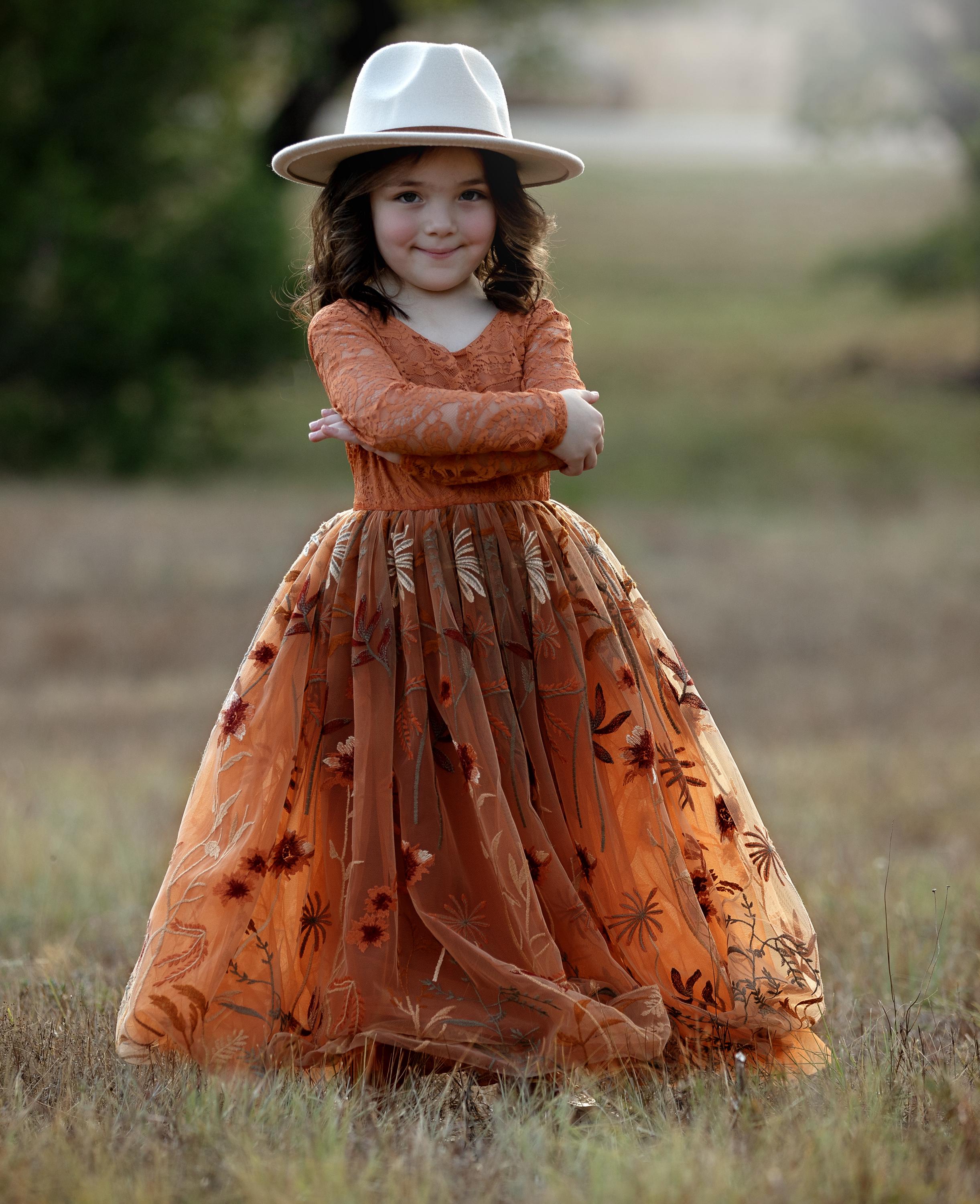 Burnt Orange Flower Girl Dress Long Sleeve | Boho Embroidered