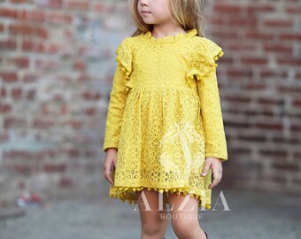 Mustard Yellow Lace Dress: Long Sleeve Fall Outfit