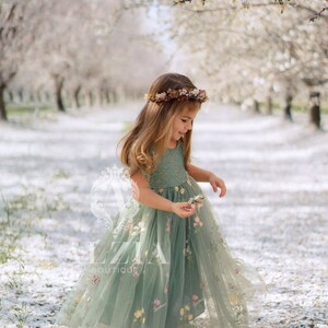 Sage Green Floral Embroidered Tulle Flower Girl Dress, Easter Girls Dress, Spring Flower Girl Dress, Summer Floral Dress for Girls