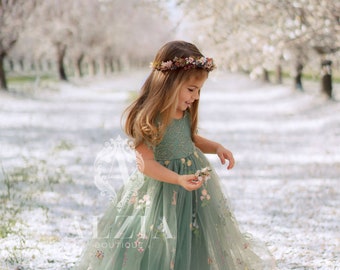 Sage Green Floral Embroidered Tulle Flower Girl Dress, Easter Girls Dress, Spring Flower Girl Dress, Summer Floral Dress for Girls