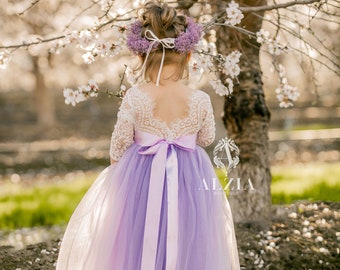 Dusty Purple Flower Girl Dress . Lilac Vintage Girl's Special Occasion Dress.