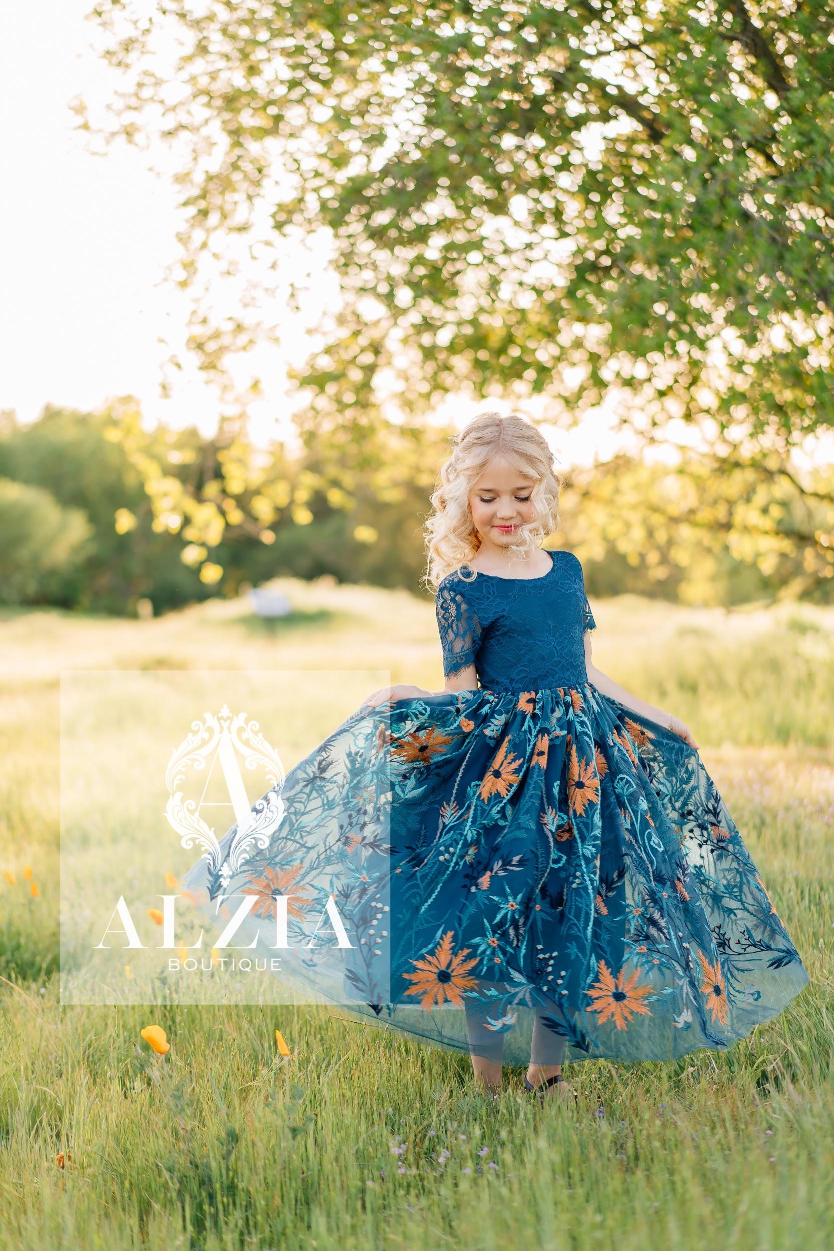 Teal Flower Girl Dress - Boho Lace Dress with Flutter Sleeves & Embroidered Tulle