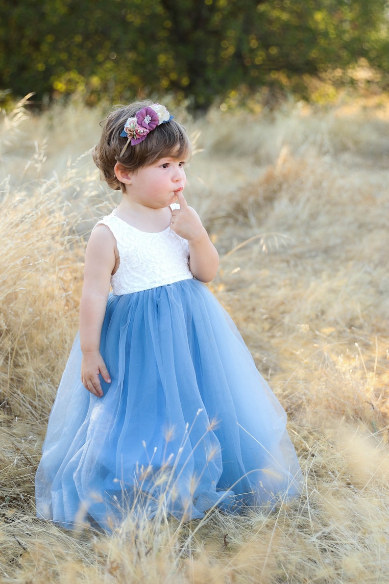 Full Length Sleeveless Dusty Blue Tulle Lace Top Scalloped Edges Back Party Flower Girl Dress