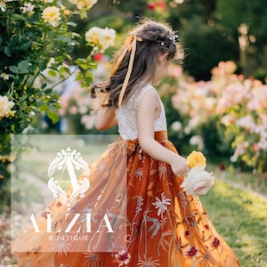 Rustic Burnt Orange Flower Girl Dress: White Lace Boho Tulle