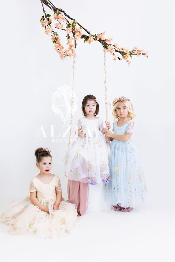 Girls Floral Flower Girl Dress - Cap Sleeve Tea-Length Dress With Pearl Waist For Easter, Graduation, Birthday