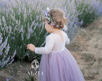 Lilac Vintage Violet Light Dusty Purple Tulle Lace Top Scalloped Edges Back Party Flower Girl Dress