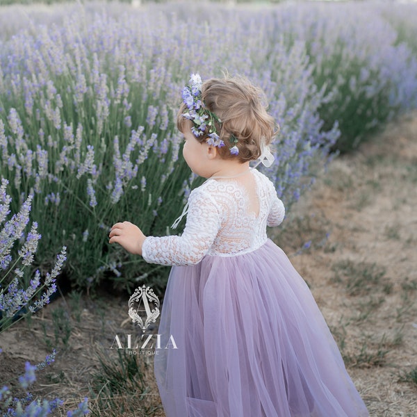 Lilac Vintage Violet Light Dusty Purple Tulle Lace Top Scalloped Edges Back Party Flower Girl Dress