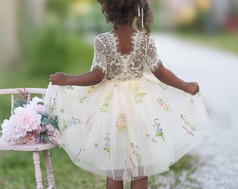 May include: A cream-colored dress featuring a lace bodice with short sleeves and a flared tulle skirt adorned with colorful floral embroidery. The back of the bodice has a scalloped neckline and a row of small buttons, with the skirt flowing outward.