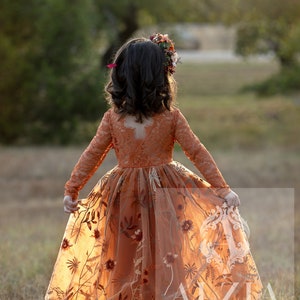 Burnt Orange Floral Embroidered Tulle Flower Girl Dress, Fall Girls Dress, Autumn Flower Girl Dress, Winter Floral Dress for Girls