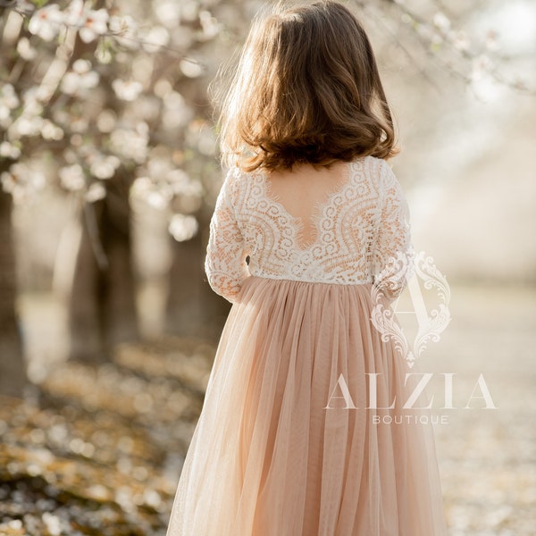 Tan, Beige Neutral Sand Shade Tulle Lace Top Scalloped Edges Back Party Flower Girl Dress