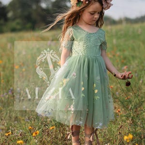 Könnte beinhalten: Ein junges Mädchen trägt ein grünes Tüllkleid mit Blumenstickerei und einer Blumenkrone. Das Kleid hat ein Spitzenoberteil und kurze Ärmel. Das Mädchen steht auf einem Blumenfeld.