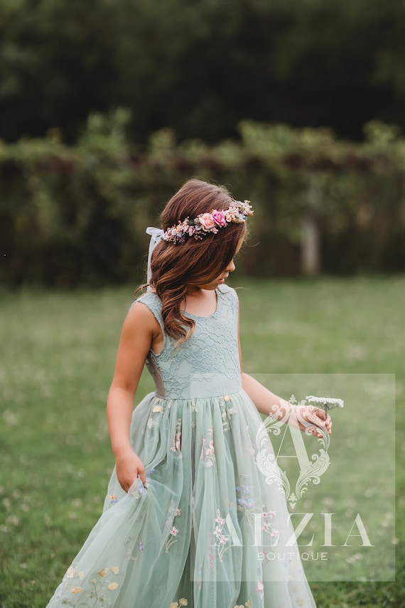 Sage Sleeveless Embroidered Tulle Flower Girl Dress – Boho Wedding Dress for Girls