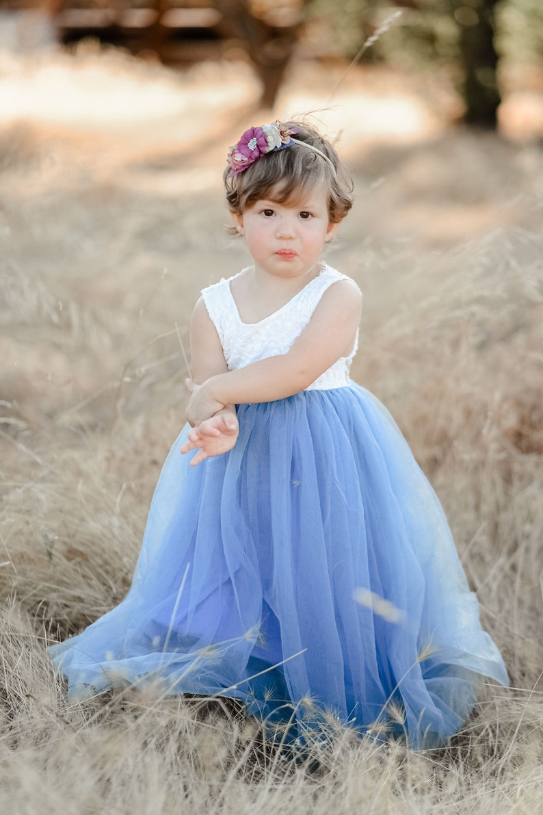 Full Length Sleeveless Dusty Blue Tulle Lace Top Scalloped Edges Back Party Flower Girl Dress