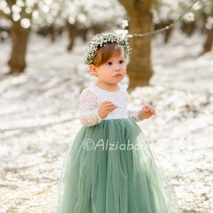 Sage Green Flower Girl Lace Dress With Tulle Bottom image 5