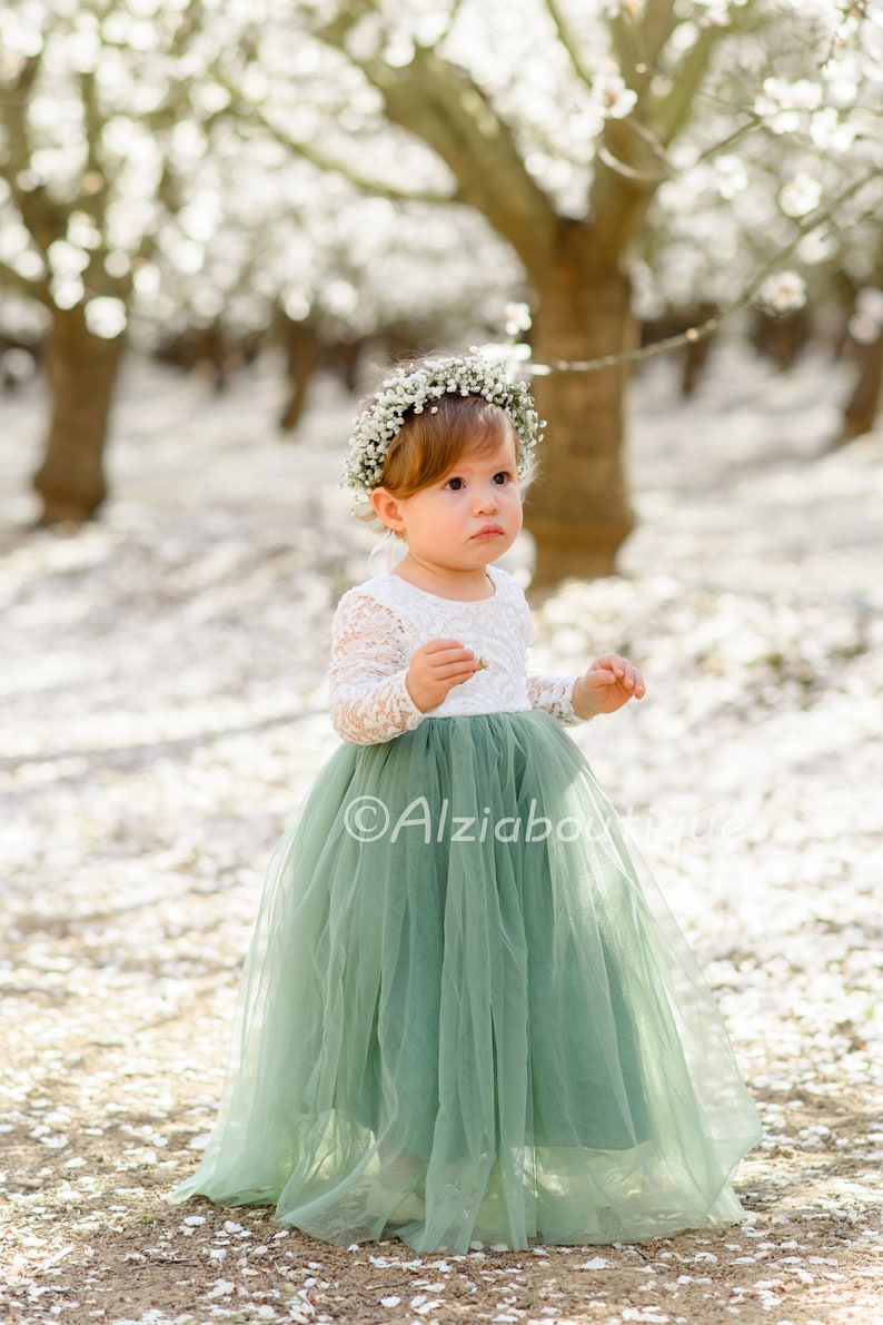 Sage Green Flower Girl Lace Dress With Tulle Bottom image 5