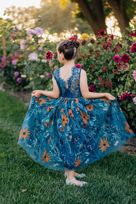 Teal Flower Girl Dress Sleeveless | Boho Floral Lace Tulle