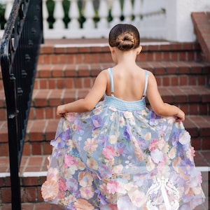 Sky Blue 3D Floral Flower Girl Dress – Boho Wedding Dress for Girls – Handmade Birthday Outfit – Spring Garden Collection