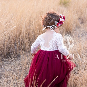 Maroon Tulle White Lace Top Scalloped Edges Back Party Flower Girl Dress, Lace Flower Girl Dress, Bridal Party